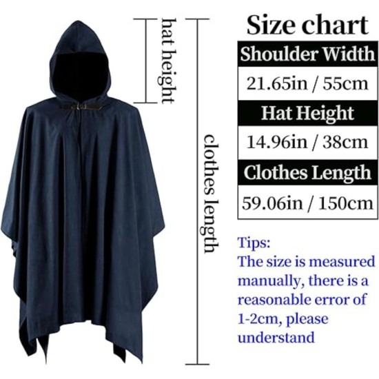 HiiFeuer Medieval Corduroy Hooded Cloak with Adjustable Brooch, Fantasy Poncho Renaissance Costume Cape Ren Faire Cosplay
