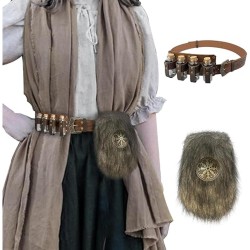 HiiFeuer Medieval Embossed Alchemy Buckle Belt with 4 Cork Vials and Fur Belt Bag, Fantasy Wizard Medieval Cosplay Belt Pouch Set