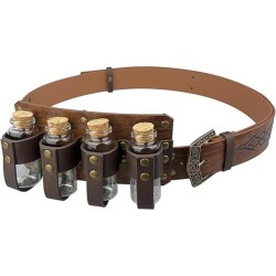 HiiFeuer Medieval Embossed Alchemy Buckle Belt with 4 Cork Vials and Fur Belt Bag, Fantasy Wizard Medieval Cosplay Belt Pouch Set