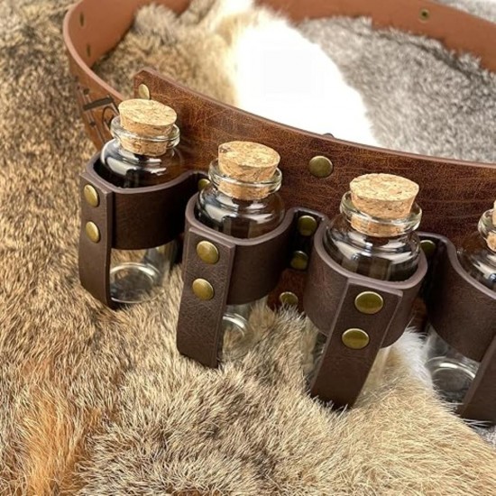 HiiFeuer Medieval Embossed Alchemy Buckle Belt with 4 Cork Vials and Fur Belt Bag, Fantasy Wizard Medieval Cosplay Belt Pouch Set HiiFeuer Medieval Embossed Alchemy Buckle Belt with 4 Cork Vials and Fur Belt Bag, Fantasy Wizard Medieval Cosplay Belt Pouch Set