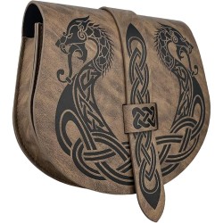 HiiFeuer Viking Embossed Langskip Belt Pouch, Medieval Faux Leather Flap Saddle Side Bag Purses, Retro Portable Belt Bag (Brown A)
