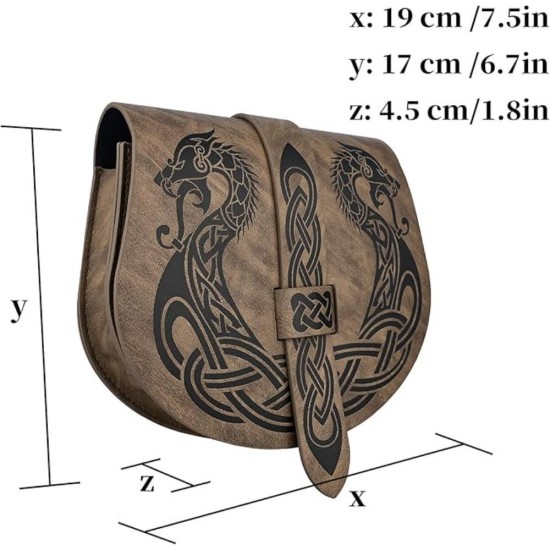 HiiFeuer Viking Embossed Langskip Belt Pouch, Medieval Faux Leather Flap Saddle Side Bag Purses, Retro Portable Belt Bag (Brown A)