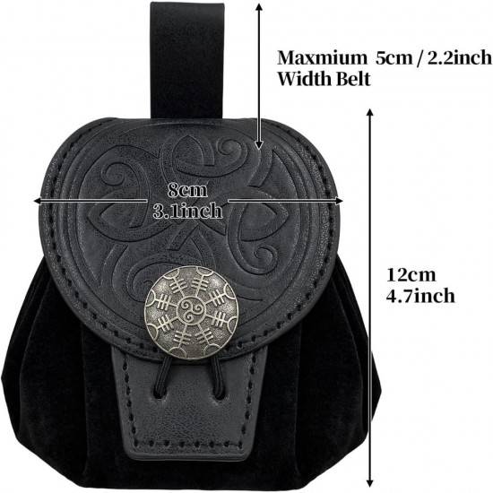 HiiFeuer Medieval Embossed Faux Leather Belt Pouch, Retro Renaissance Portable Belt Bag Coin Purse Dice Bag for LARP Ren Faire (Black B)