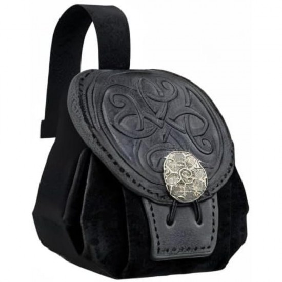 HiiFeuer Medieval Embossed Faux Leather Belt Pouch, Retro Renaissance Portable Belt Bag Coin Purse Dice Bag for LARP Ren Faire (Black B)