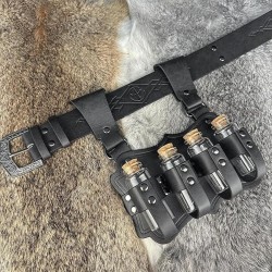 HiiFeuer Medieval Embossed Alchemy Faux Leather Buckle Belt with 4 Cork Vials, Fantasy Wizard Potion Bottles Belt (Black B)
