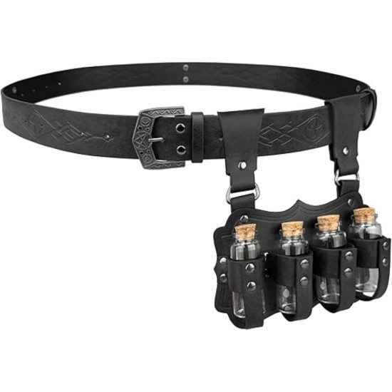 HiiFeuer Medieval Embossed Alchemy Faux Leather Buckle Belt with 4 Cork Vials, Fantasy Wizard Potion Bottles Belt (Black B) HiiFeuer Medieval Embossed Alchemy Faux Leather Buckle Belt with 4 Cork Vials, Fantasy Wizard Potion Bottles Belt (Black B)
