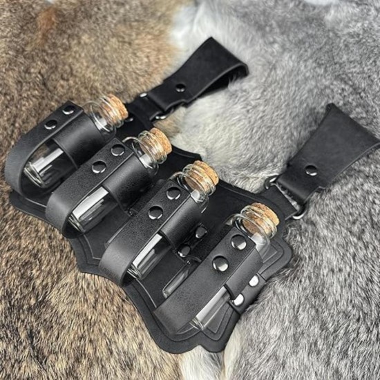 HiiFeuer Medieval Embossed Alchemy Faux Leather Buckle Belt with 4 Cork Vials, Fantasy Wizard Potion Bottles Belt (Black B) HiiFeuer Medieval Embossed Alchemy Faux Leather Buckle Belt with 4 Cork Vials, Fantasy Wizard Potion Bottles Belt (Black B)