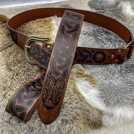 HiiFeuer Nordic Embossed Buckle Belt, Retro Medieval Faux Leather Knight Belt, LARP Cosplay HiiFeuer Nordic Embossed Buckle Belt, Retro Medieval Faux Leather Knight Belt, LARP Cosplay