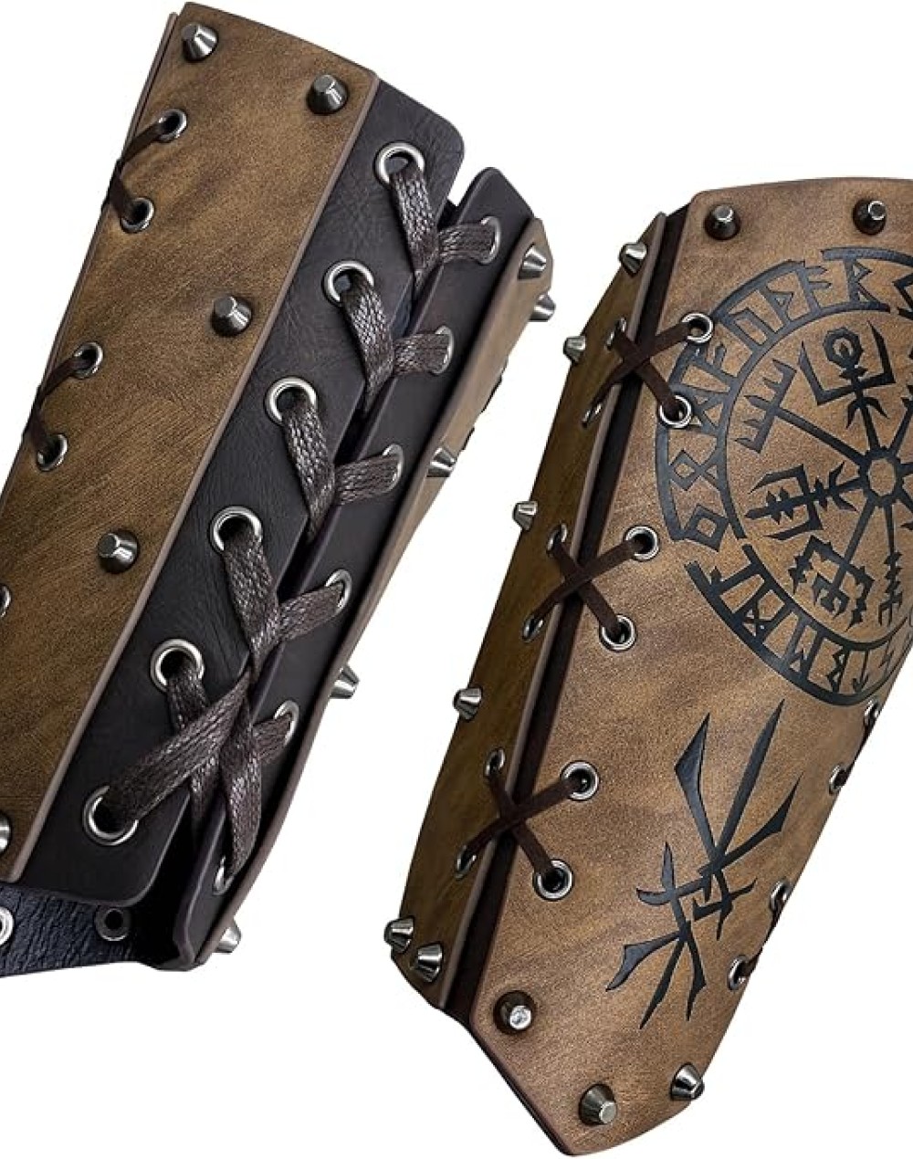HiiFeuer Medieval Embossed Arm Bracers, Retro Faux Leather Knight Arm Gauntlets, Vintage Renaissance Arm Guards (Brown C)