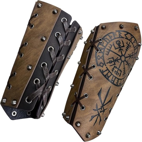 HiiFeuer Medieval Embossed Arm Bracers, Retro Faux Leather Knight Arm Gauntlets, Vintage Renaissance Arm Guards (Brown C)
