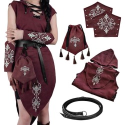 HiiFeuer 5PCs Women Renaissance Suede Sleeveless Elf Costume, Medieval Hooded Gown with Bracers Drawstring Bag Fantasy Belt