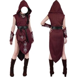 HiiFeuer 5PCs Women Renaissance Suede Sleeveless Elf Costume, Medieval Hooded Gown with Bracers Drawstring Bag Fantasy Belt