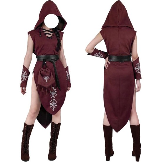 HiiFeuer 5PCs Women Renaissance Suede Sleeveless Elf Costume, Medieval Hooded Gown with Bracers Drawstring Bag Fantasy Belt HiiFeuer 5PCs Women Renaissance Suede Sleeveless Elf Costume, Medieval Hooded Gown with Bracers Drawstring Bag Fantasy Belt