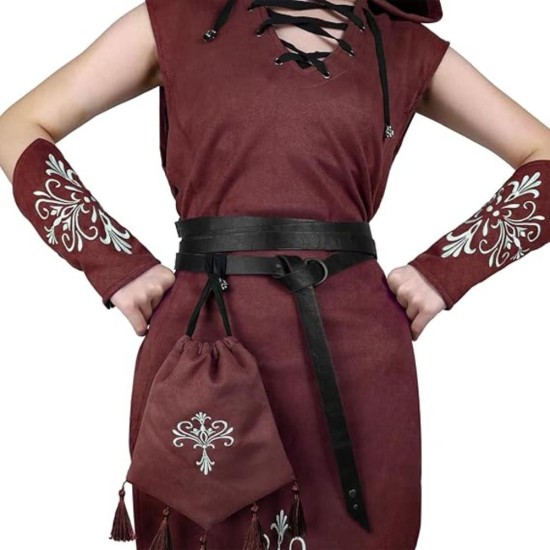 HiiFeuer 5PCs Women Renaissance Suede Sleeveless Elf Costume, Medieval Hooded Gown with Bracers Drawstring Bag Fantasy Belt HiiFeuer 5PCs Women Renaissance Suede Sleeveless Elf Costume, Medieval Hooded Gown with Bracers Drawstring Bag Fantasy Belt