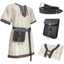 HiiFeuer Medieval Stripe Loose Tunic Top, with Vintage Belt and Bag, Renaissance Knight Lace Up Shirt, Viking Pirate Costume