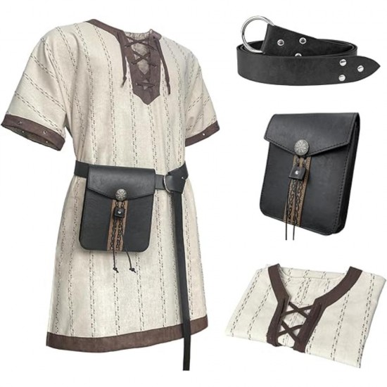 HiiFeuer Medieval Stripe Loose Tunic Top, with Vintage Belt and Bag, Renaissance Knight Lace Up Shirt, Viking Pirate Costume HiiFeuer Medieval Stripe Loose Tunic Top, with Vintage Belt and Bag, Renaissance Knight Lace Up Shirt, Viking Pirate Costume