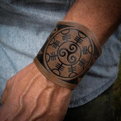 HiiFeuer 2 PCS Viking Embossed Faux Leather Cuff Bracelet, Norse Retro Wristband, Nordic Mjolnir Vegvisir Pattern Cuff Bangle Bracelet