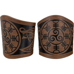 HiiFeuer 2 PCS Viking Embossed Faux Leather Cuff Bracelet, Norse Retro Wristband, Nordic Mjolnir Vegvisir Pattern Cuff Bangle Bracelet