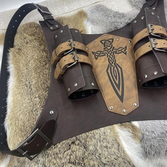 HiiFeuer Medieval Faux Leather Embossed Double Back Sword Frog, Adjustable Renaissance Knight Mercenary Sword Holster HiiFeuer Medieval Faux Leather Embossed Double Back Sword Frog, Adjustable Renaissance Knight Mercenary Sword Holster